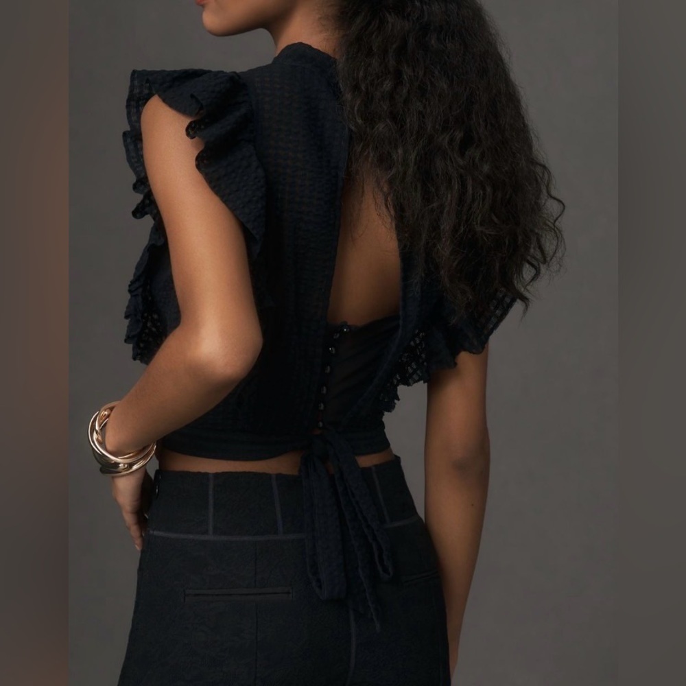 Maeve cropped ruffle mesh top